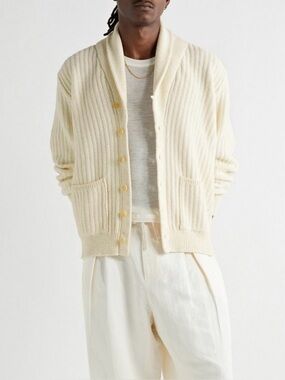 Inis Meain Shawl-Collar Ribbed Merino Wool and Cashmere-Blend Cardigan large